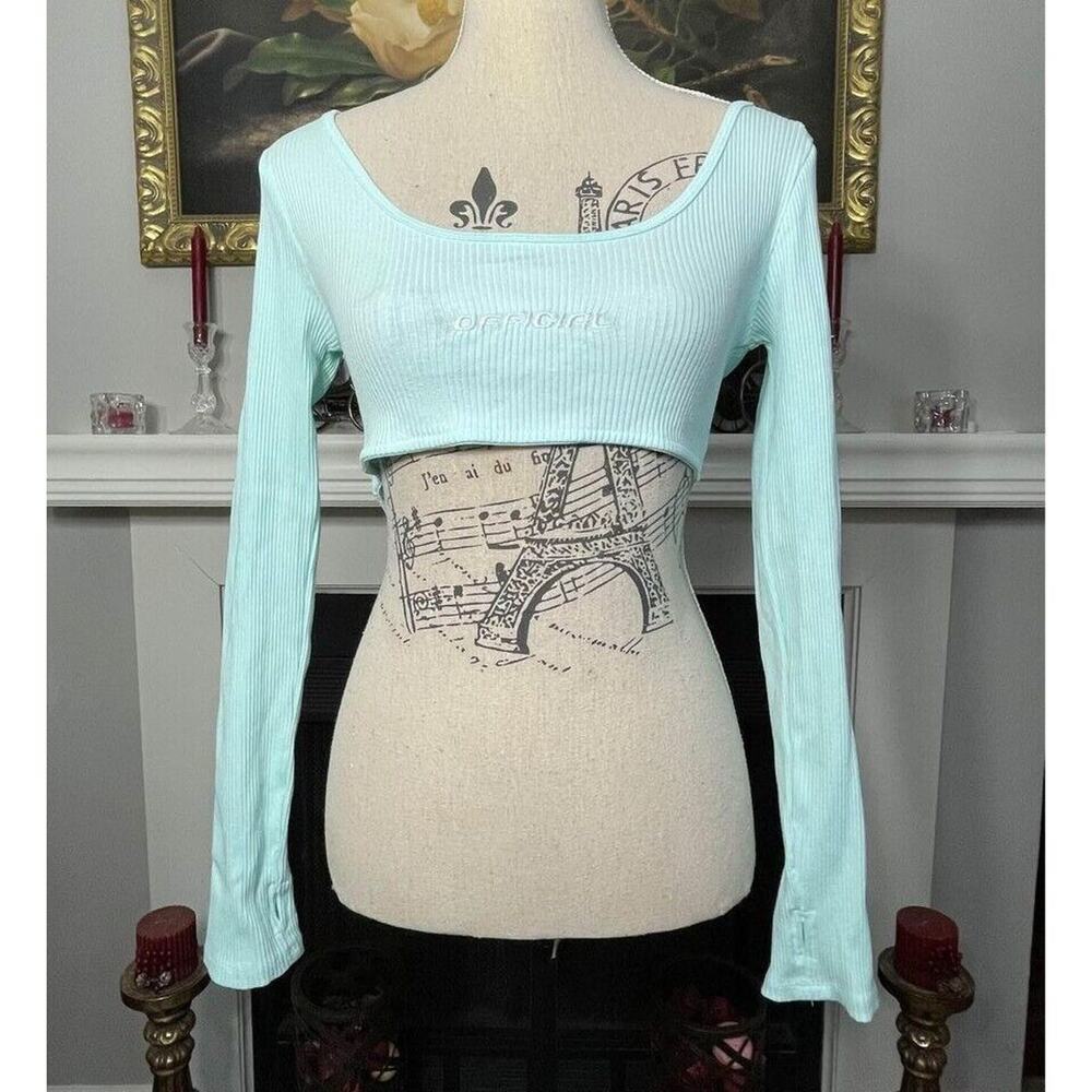 Boohoo Embroidered Official Long Sleeve Ribbed Crop Top Pastel Blue Size 4